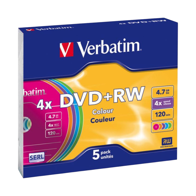 Оптичні диски Verbatim DVD+RW 4.7Gb 4x Slim Case 5шт Color (43297)